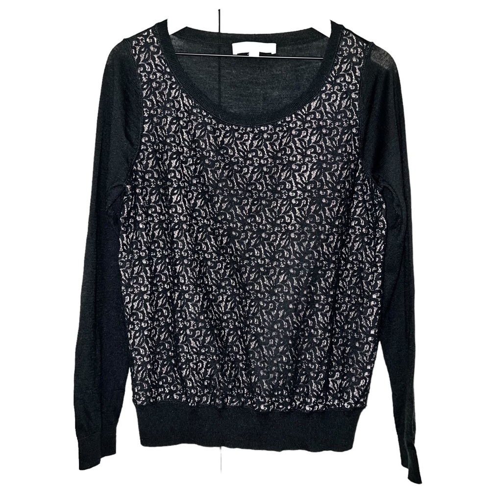 LOFT Black Lace Lightweight Scoop Neck Long Sleeve Sweater Top - L